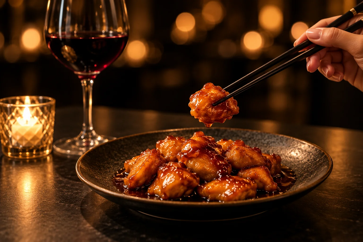 Une table à la lumière d'une bougie : poulet caramel, verre de vin rouge, baguettes.
