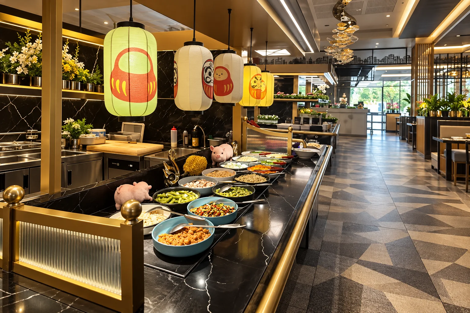 Des plats chauds dans des bols bleus et blancs sous des lanternes japonaises.